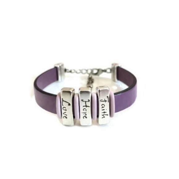 Handmade Bracelet Jewelry - Purple Leather Bracelet- Faith-Hope-Love Adjustable 7”- 8”